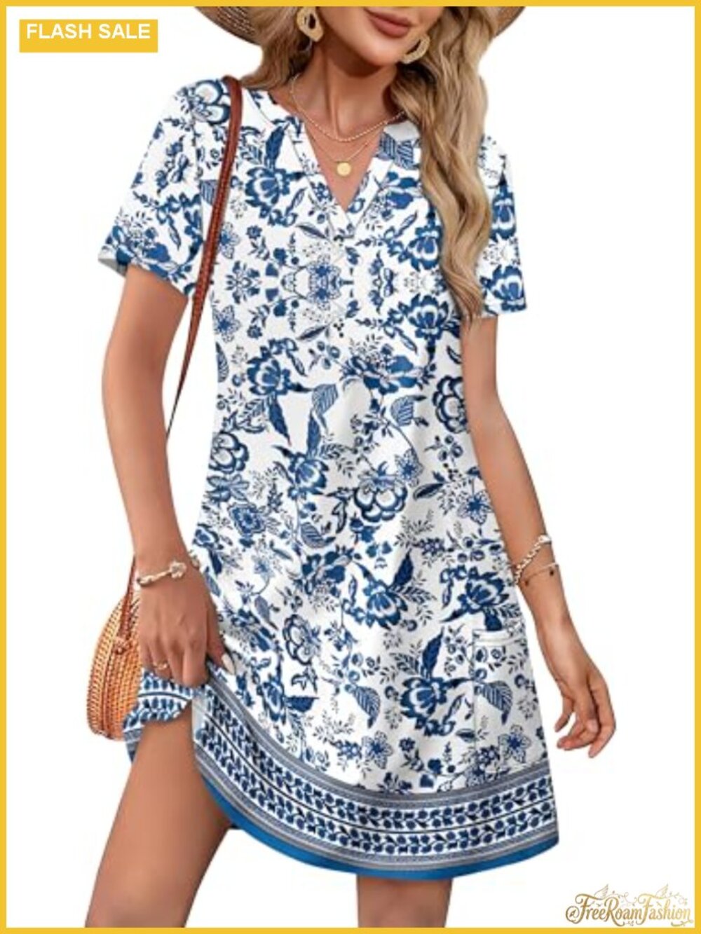 Women's V-Neck Midi Beach Vacation Dress Short Sleeve A-Line Floral Boho